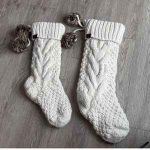 UGG Home Cable Knit Christmas Stocking Set of 2 Ivory White Faux Fur Pom Poms